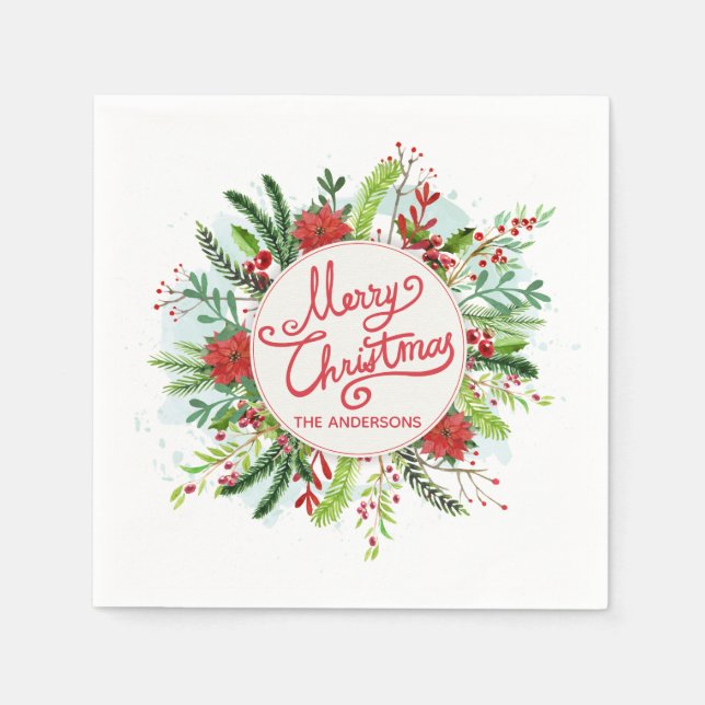 Personalized Floral Wreath Christmas | Napkin (Front)