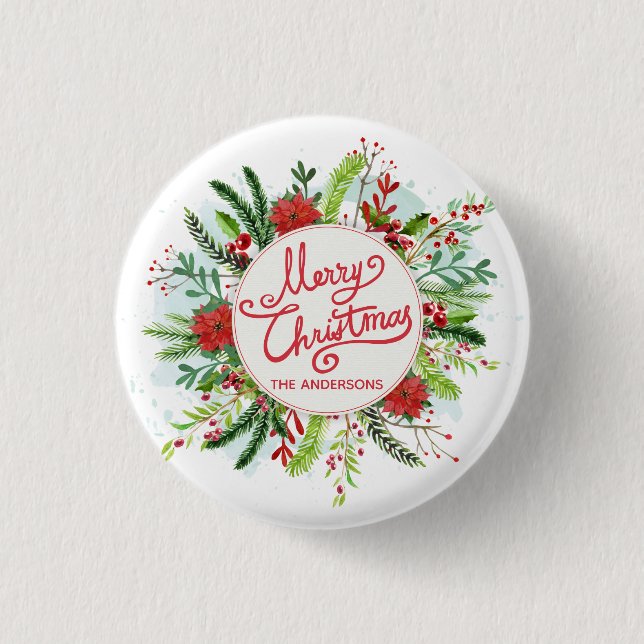 Personalized Floral Wreath Christmas Pin Button (Front)