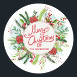 Personalized Floral Wreath Christmas Sticker<br><div class="desc">For further customization,  please click the "Customize" button and use our design tool to modify this template. If the options are available,  you may change text and image by simply clicking on "Edit/Remove Text or Image Here" and add your own. Designed by Freepik.</div>
