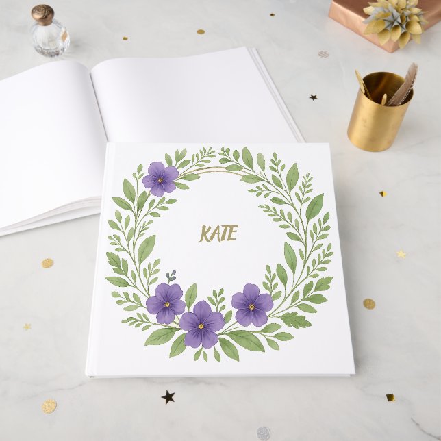 Personalized Floral Wreath – Custom Name  Guest Book (Front Open)