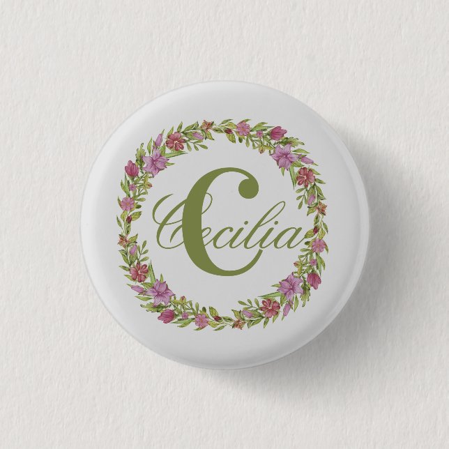 Personalized Floral Wreath Last Name Monogram 1 Inch Round Button (Front)