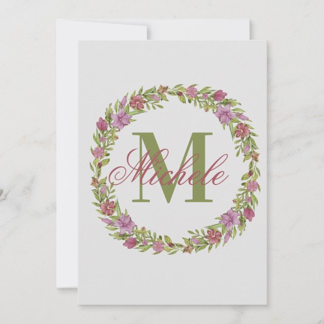 Personalized Floral Wreath Last Name Monogram Card (Front)