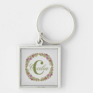 Personalized Floral Wreath Last Name Monogram Keychain