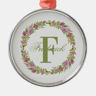 Personalized Floral Wreath Last Name Monogram Metal Ornament