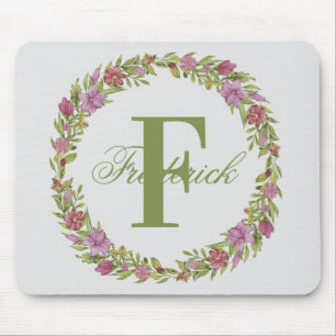 Personalized Floral Wreath Last Name Monogram Mouse Pad
