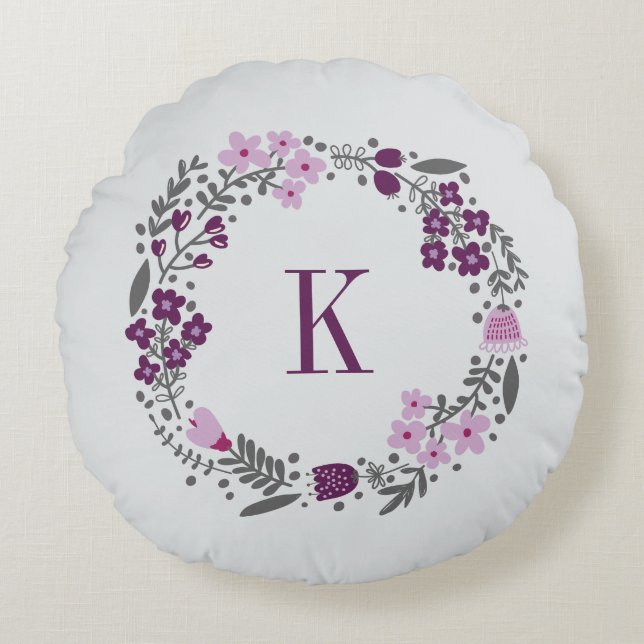 Personalized Floral Wreath Monogram Plum Grey Round Pillow (Front)