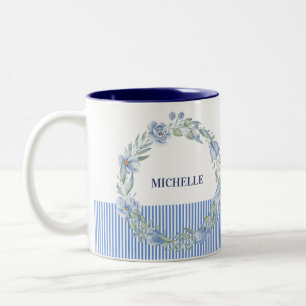 Personalized Floral Wreath Mug with Navy Stripes