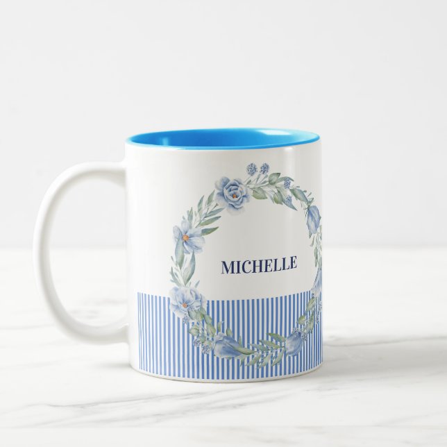 Personalized Floral Wreath Mug with Navy Stripes (Left)