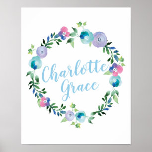 Personalized Floral wreath name poster print
