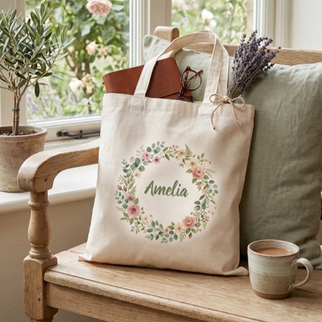 Personalized Floral Wreath Tote Bag | Custom Name (Creator Uploaded)