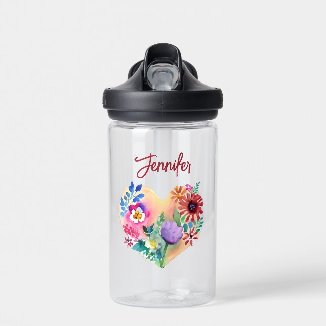 Personalized Floral Wreath Watercolor Red Water Bottle (Front)