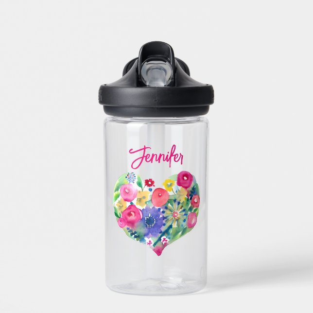 Personalized Floral Wreath Watercolor Water Bottle (Front)