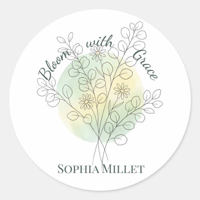 Personalized Flower Custom Name Floral Classic Round Sticker (Front)