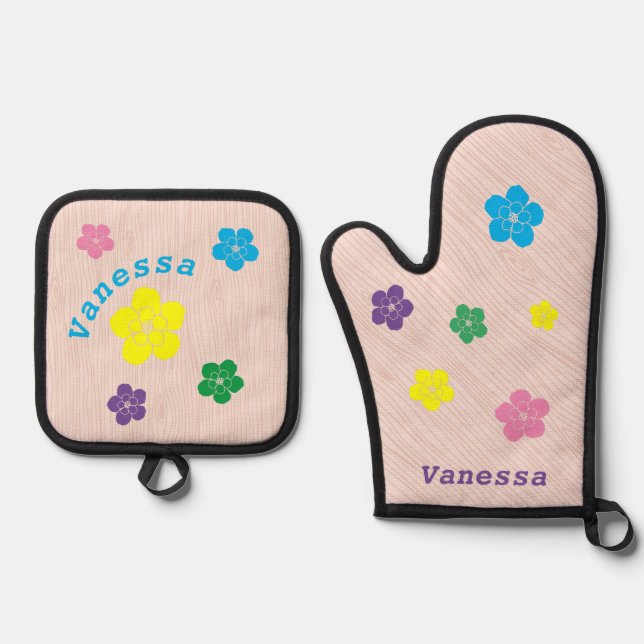Personalized Flower Cutouts on Woodgrain Backdrop Oven Mitt & Pot Holder Set (Front)