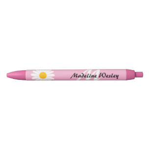 Personalized Flower Feminine Monogram Name Pink Black Ink Pen