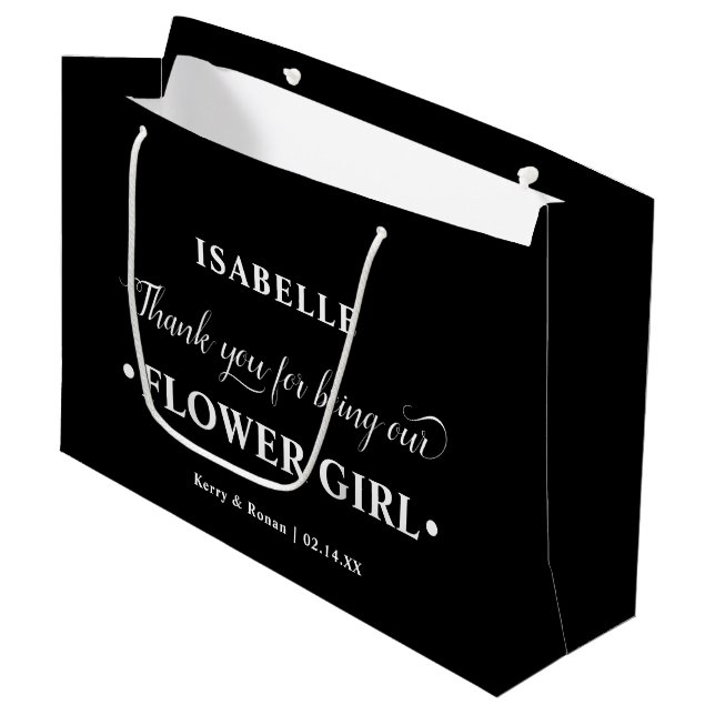 Personalized Flower Girl Black White Thank You Large Gift Bag (Front Angled)
