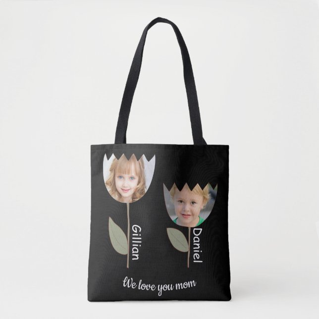 Personalized flower photos and names on black Tote (Front)