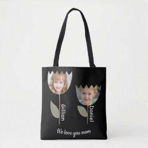 Personalized flower photos and names on black Tote Bag