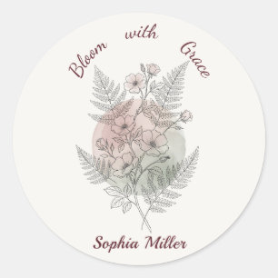 Personalized Flower Pink Rose Custom Name Office Classic Round Sticker