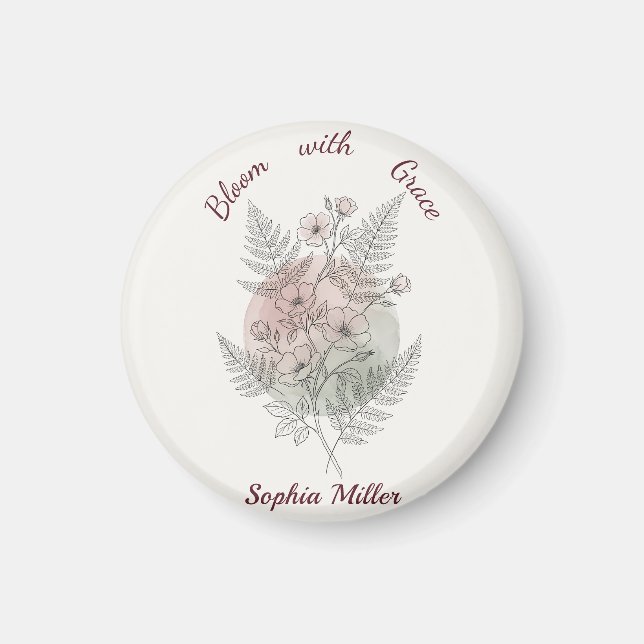Personalized Flower Pink Rose Custom Name Office Magnet (Front)