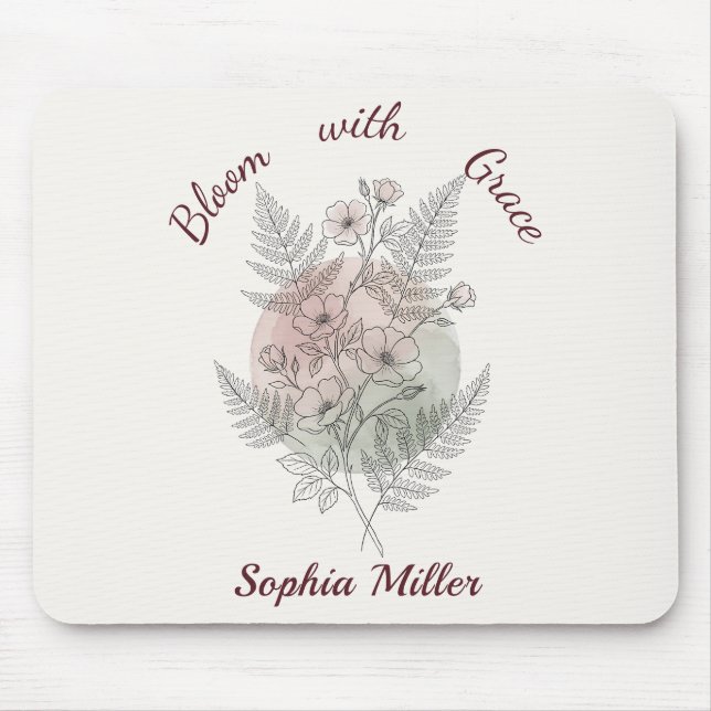 Personalized Flower Pink Rose Custom Name Office Mouse Pad (Front)