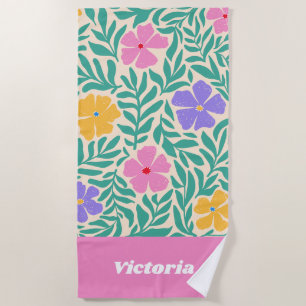 Personalized Flowers Beach Towel 70s Boho Custom