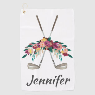Personalized Flowers with Clubs Womens Golf Towel