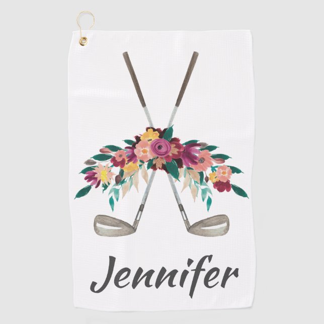 Personalized Flowers with Clubs Womens  Golf Towel (Front)