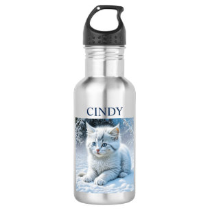 Personalized Fluffy White Kitten in Snow 532 Ml Water Bottle