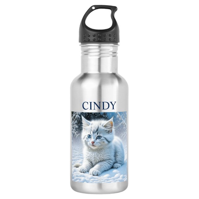 Personalized Fluffy White Kitten in Snow 532 Ml Water Bottle (Front)
