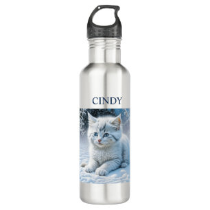Personalized Fluffy White Kitten in Snow 710 Ml Water Bottle