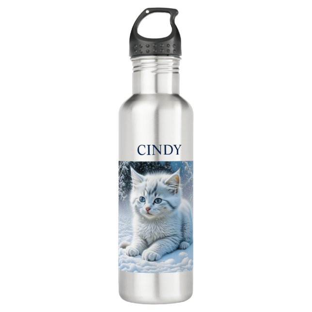 Personalized Fluffy White Kitten in Snow 710 Ml Water Bottle (Front)
