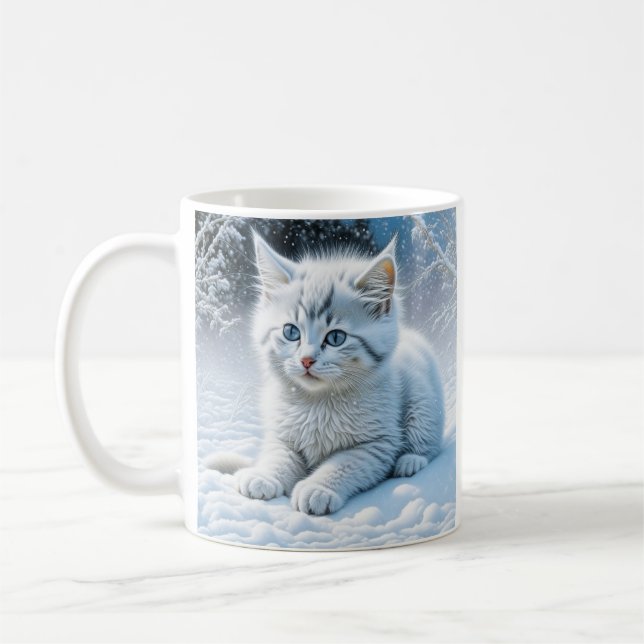 Personalized Fluffy White Kitten in Snow Coffee Mug (Left)