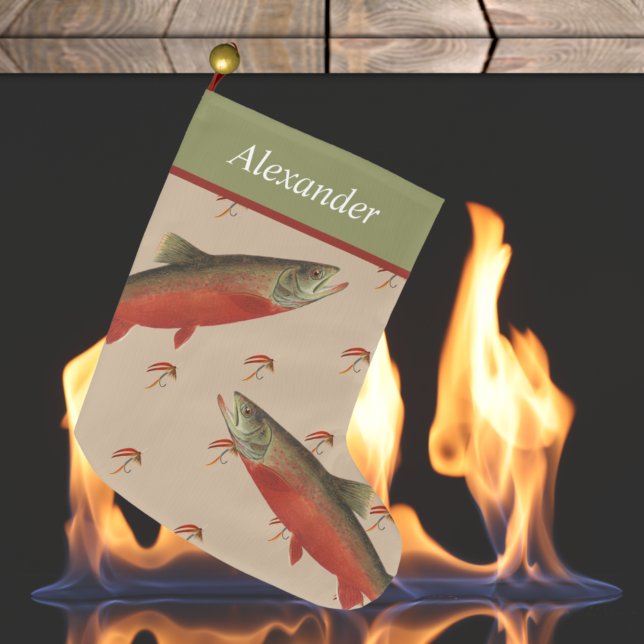 Personalized Fly Fishermens Holiday Salmon Trout  Large Christmas Stocking (Creator Uploaded)