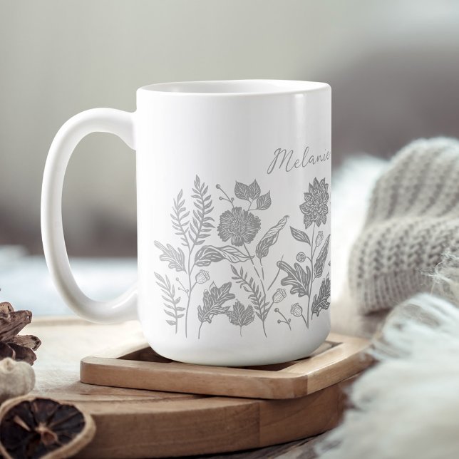 Personalized Foliage Autumn Flowers Grey Coffee Mug (Personalized Foliage Autumn Flowers Grey Coffee Mug)