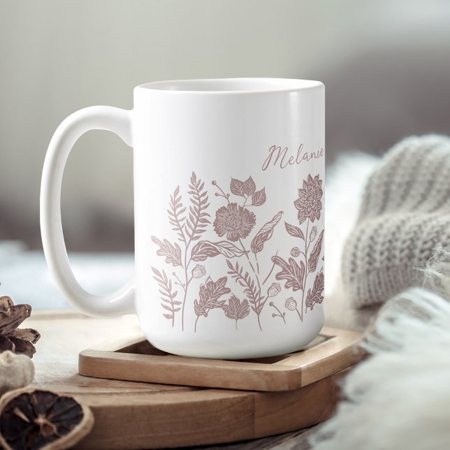 Personalized Foliage Autumn Flowers Pink Coffee Mug (Personalized Foliage Autumn Flowers Pink Coffee Mug)