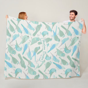 Personalized Folk Art Blue and Mint Bird Pattern Fleece Blanket