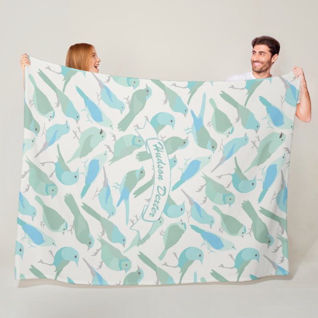 Personalized Folk Art Blue and Mint Bird Pattern Fleece Blanket (In Situ)