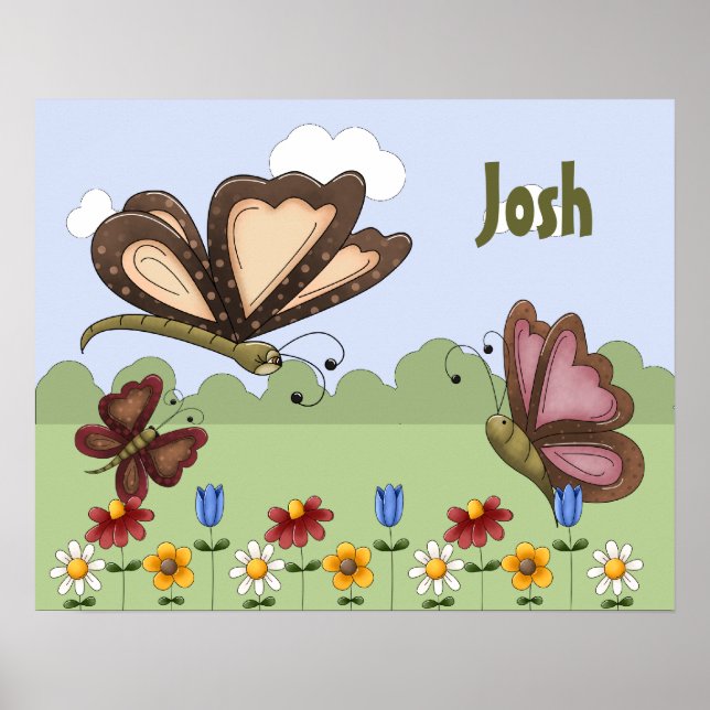 Personalized Folk Art Butterfly Children's Bedroom Poster (Front)