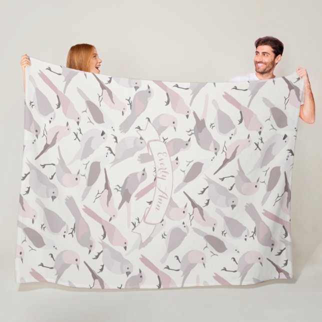 Personalized Folk Art Mauve Bird Pattern Fleece Blanket (In Situ)