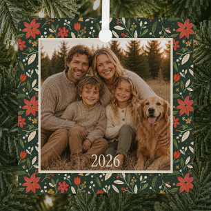 Personalized Folk Floral Family Photo Christmas Metal Ornament
