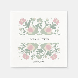 Personalized Folk Floral Wedding Cocktail Napkin