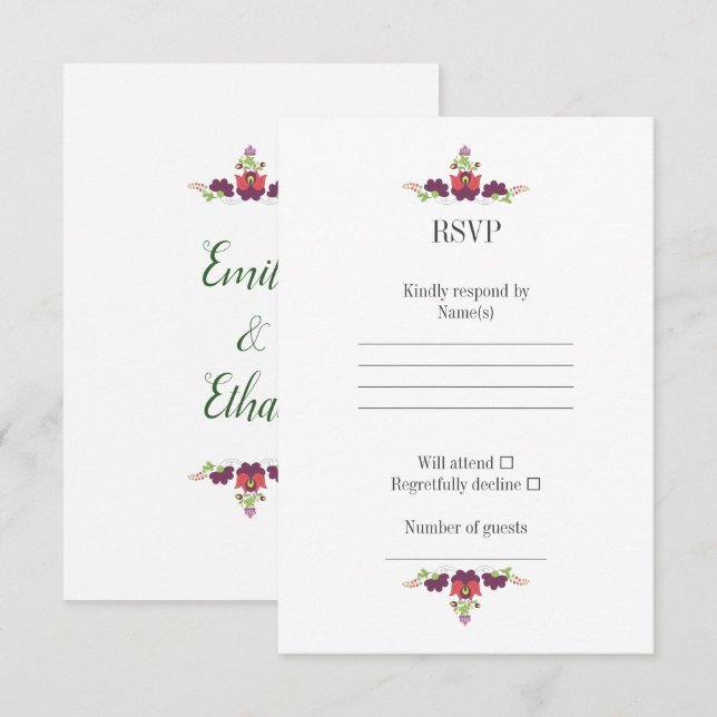 Personalized Folk Floral Wedding RSVP Card (Front/Back)