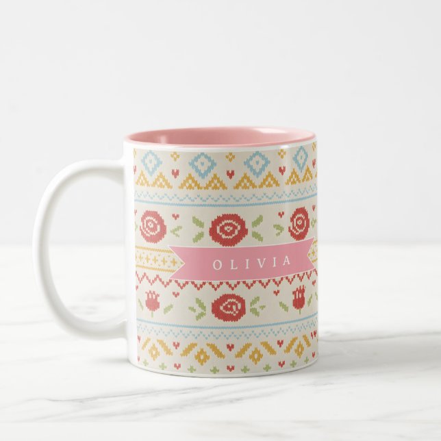 Personalized Folk Nordic Boho Floral Pattern Two-Tone Coffee Mug (Left)