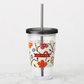 Personalized Folk Scandi Boho Vintage Floral  Acrylic Tumbler