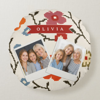 Personalized Folk Scandi Boho Vintage Floral  Round Pillow