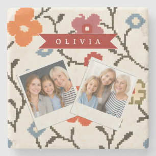 Personalized Folk Scandi Boho Vintage Floral  Stone Coaster