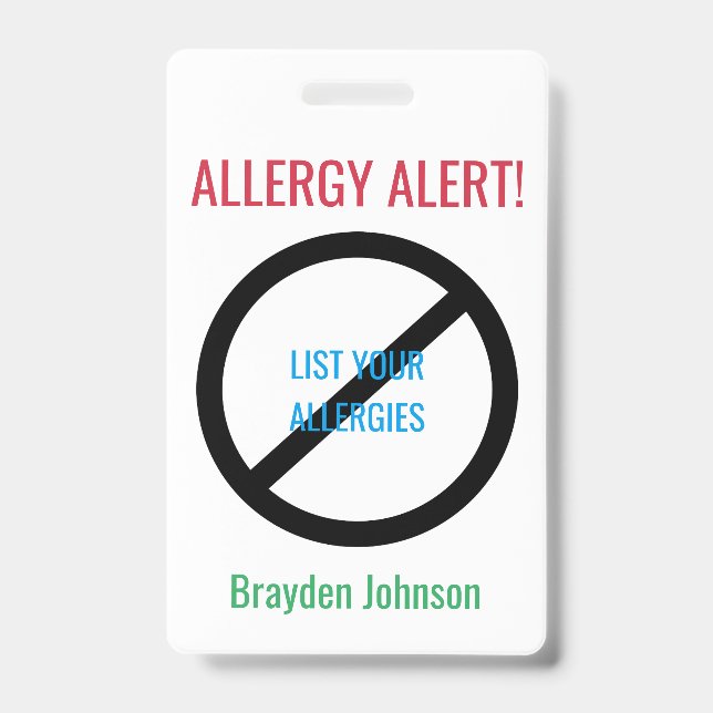 Personalized Food Allergy Alert Kids Medical Alert Badge (Front)