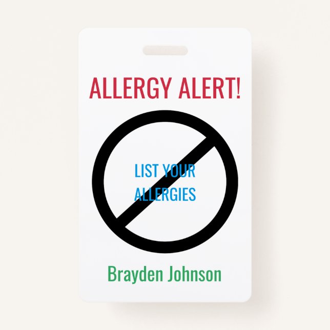 Personalized Food Allergy Alert Kids Medical Alert Badge (Front)