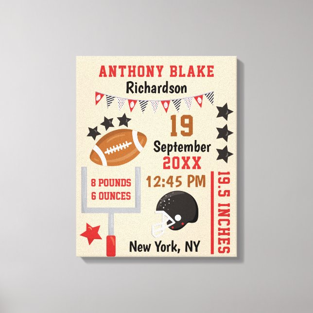 Personalized Football Baby Boy Birth Stats Record Canvas Print (Front)